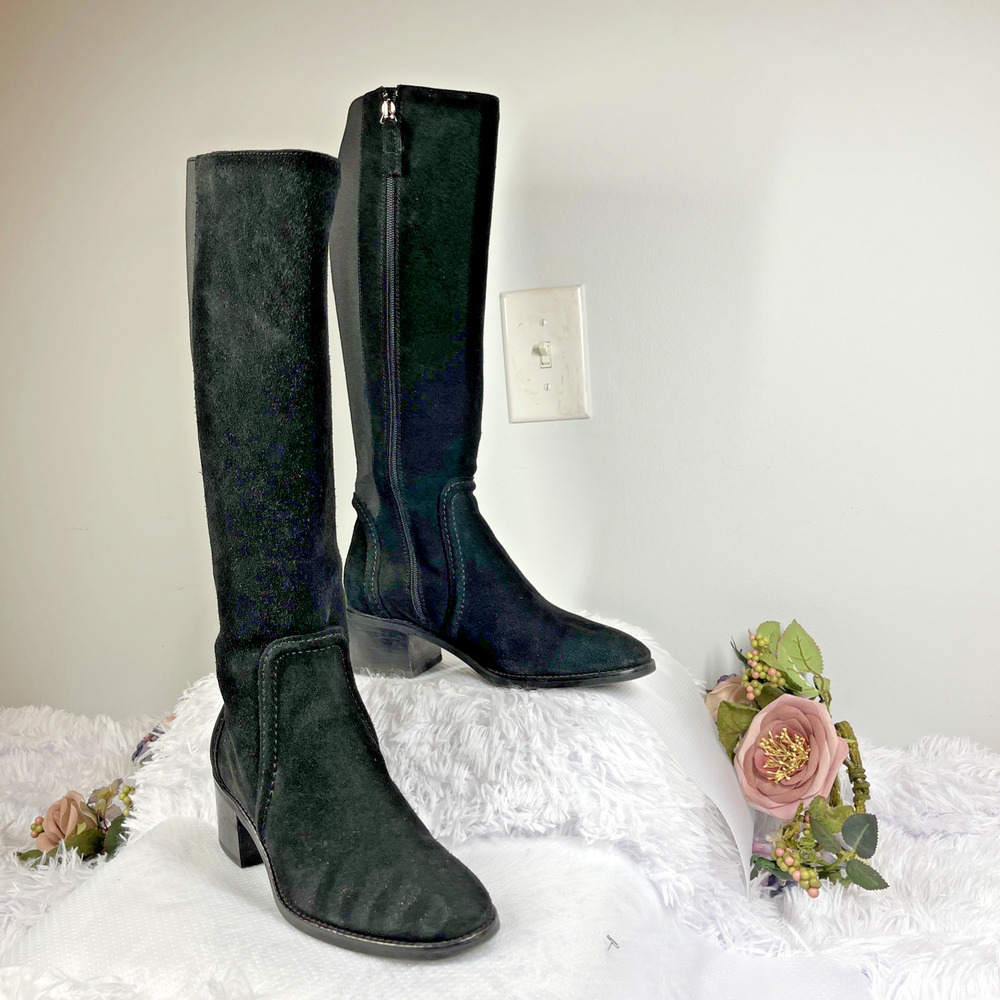Aquatalia Womens 6.5 Black Suede Knee High Boots Italy Stretch Zip Block Heel